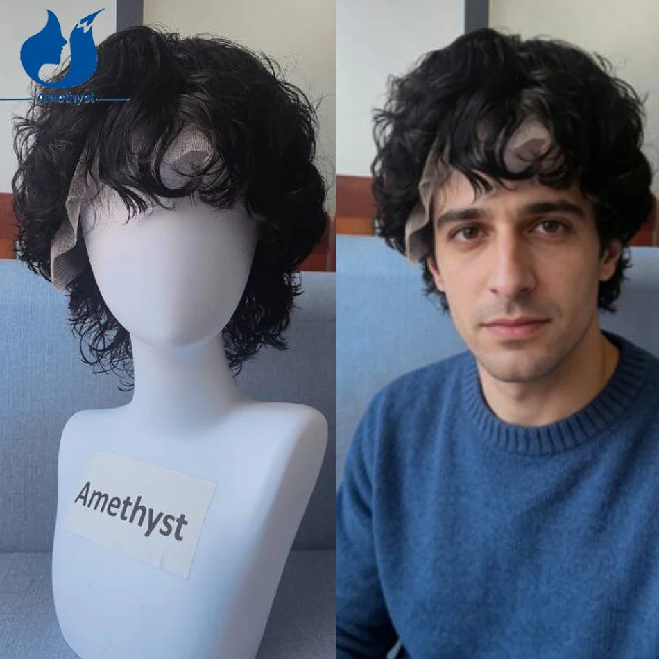 

Amethyst Natural Black Curly Human Hair Wig for Men with Bangs 13X6 Lace Front Pre Plucked Remy Brazilian Hair Short Cut Wig