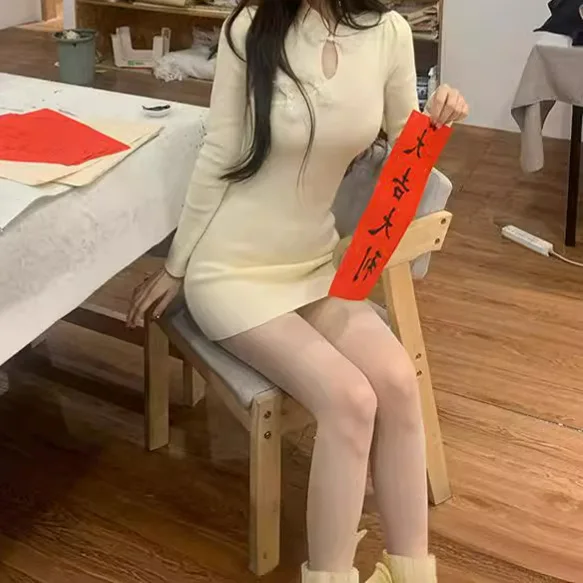 

7159, весеннее короткое платье Cheongsam в стиле дзен, с плюшевым воротником и пуговицами, с высокой талией, женское