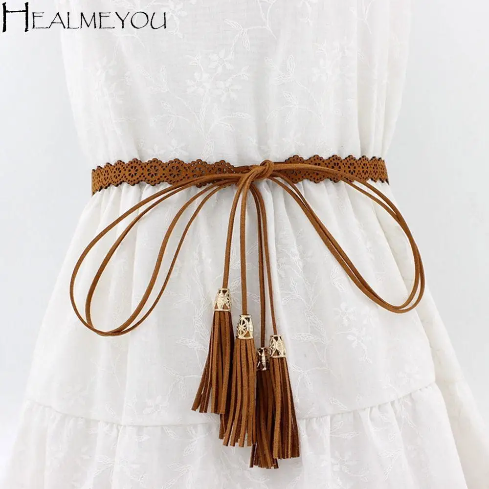 Women's Braided Leather Tassel Spaghetti Belt Vintage Waist Chain Ethnic Style Girl Decoration Waist Rope Dress Belt Accessories