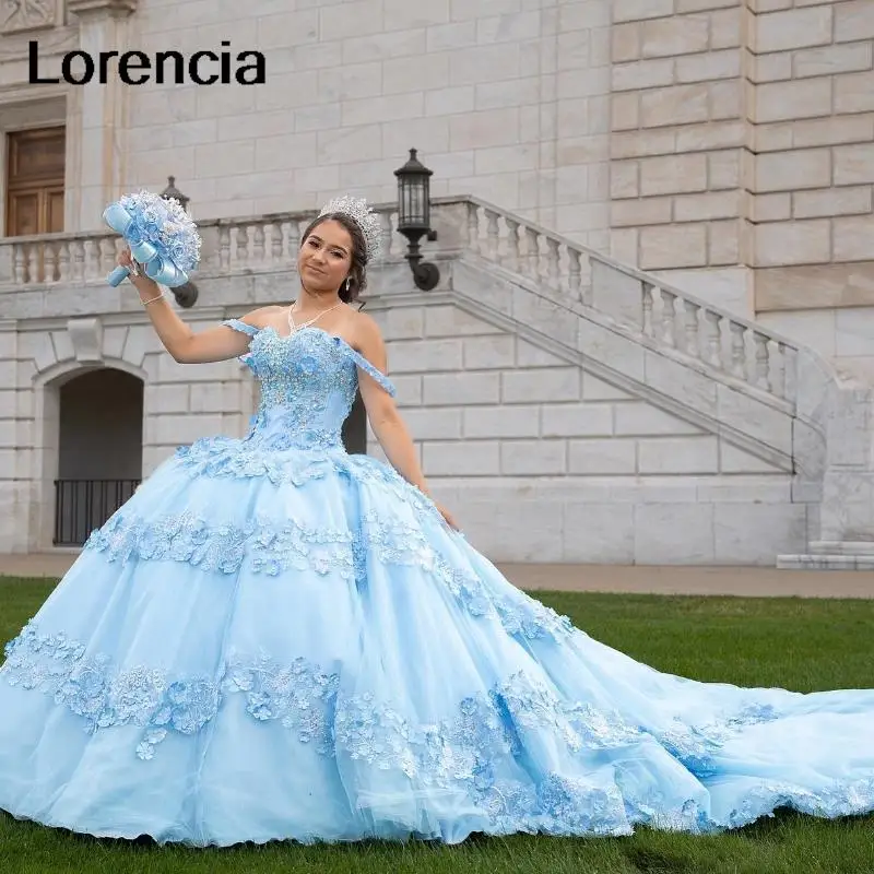 Lorencia niebieska sukienka na Quinceanera 2024 aplikacja z odkrytymi ramionami 3D kwiaty z meksykańskim gorsetem słodkim 16 Vestidos De 15 Años YQD613