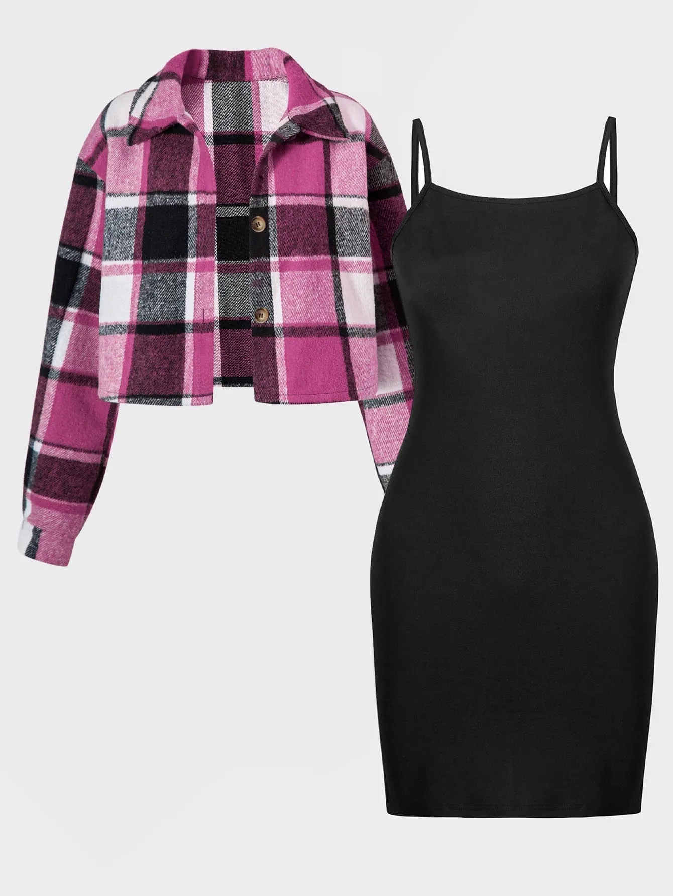 Girls Dress Set 2pcs Fashion Plaid Button-Up Collar Shirt Jacket And Solid Color Strap Dress for Autumn Casual Outings
