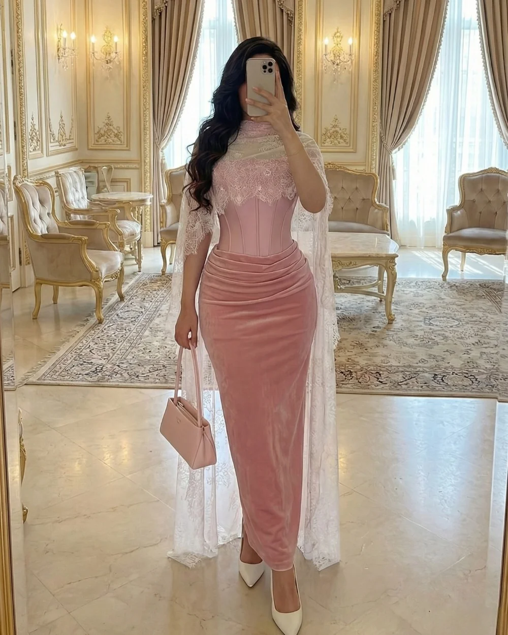 

Customized Pink Exquisite Elegant Velour Pleat Draped Lace Shawl Straight Strapless Ankle Length Evening Dresses High Quality
