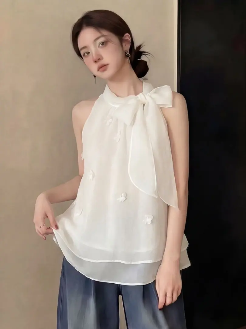 

Summer Off-Shoulder Knot Neckline Vest Top with 3D Flower Embellishment Sleeveless Chiffon Blouse Korean Style Loos...