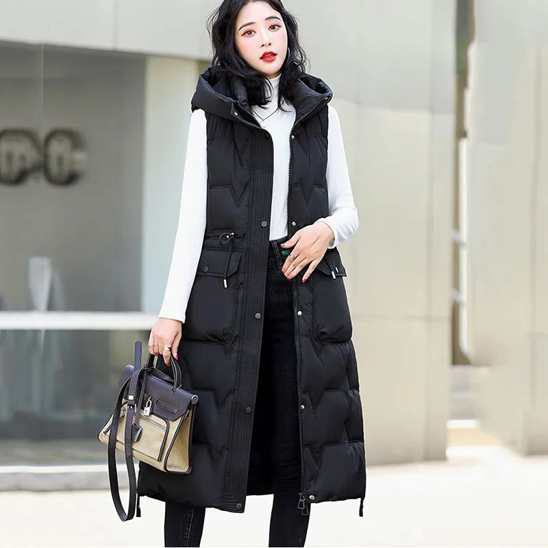 New Autumn Winter Women\'s Hooded Down Cotton Waistcoat loose Long Warm Cotton Vest Coat Female Sleeveless Padded Vests Overcoat