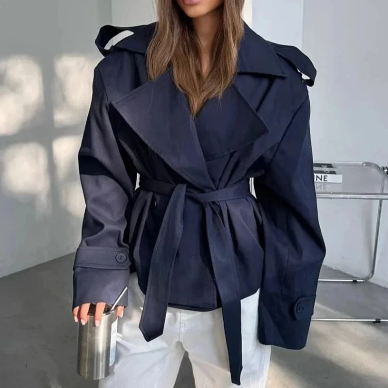 Long Sleeve Wide Shoulder Jacket Fashion Lace Up Lapel Cropped Trench Coat Autumn Winter New Elegant Commute Daily Jackets