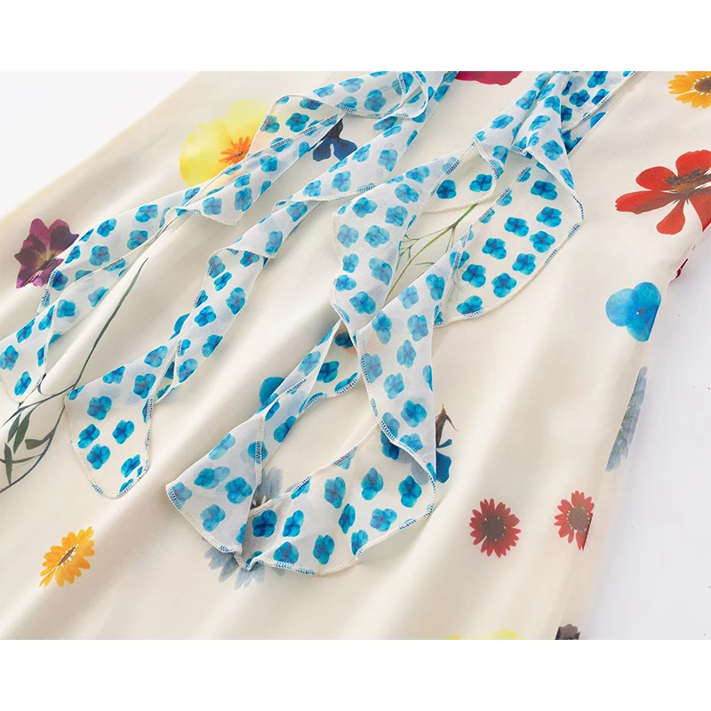 YENKYE الحلو الأزهار طباعة عطلة فستان طويل لعام 2026 المرأة كشكش بلا أكمام الخامس الرقبة ألف خط فساتين الصيف ماكسي رداء #4