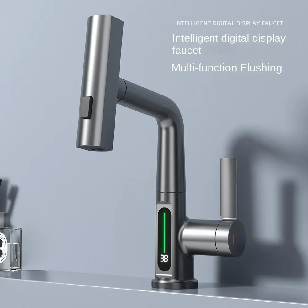 Waterfall pull out kitchen faucet Intelligent digital display hot and cold mixer faucet can rotate sink lift basin faucet