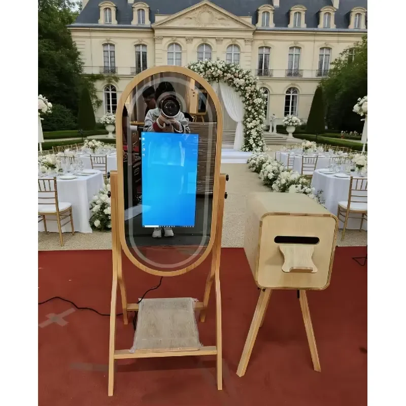 Classic Oak Wooden Oval Magic Mirror Photo Booth 21.5 Inch Touch Screen SLR Self-Service Print Wi-Fi Enabled for