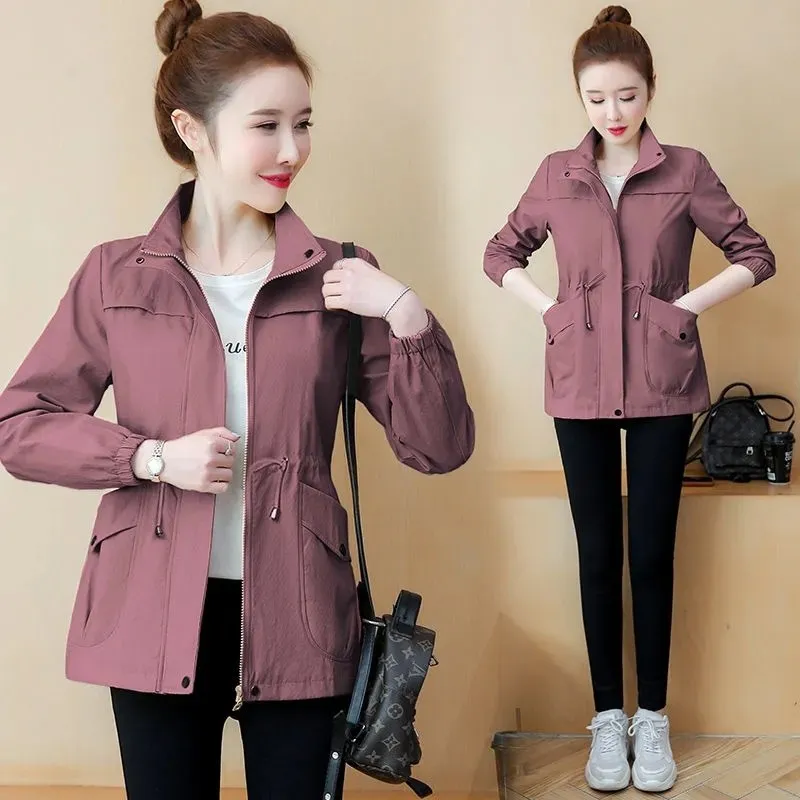 Short Coats Women's 2022 New Spring Autumn Jackets Slim Fit Tether Stand Collar Zipper Solid Splicing Casual Outwear Female Tops