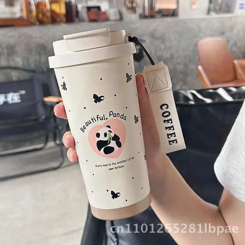 

Гигантская панда, термос из нержавеющей стали с двойными стенками, 500 мл, изолированная кофейная кружка для холодных и горячих напитков, портативная соломенная чашка