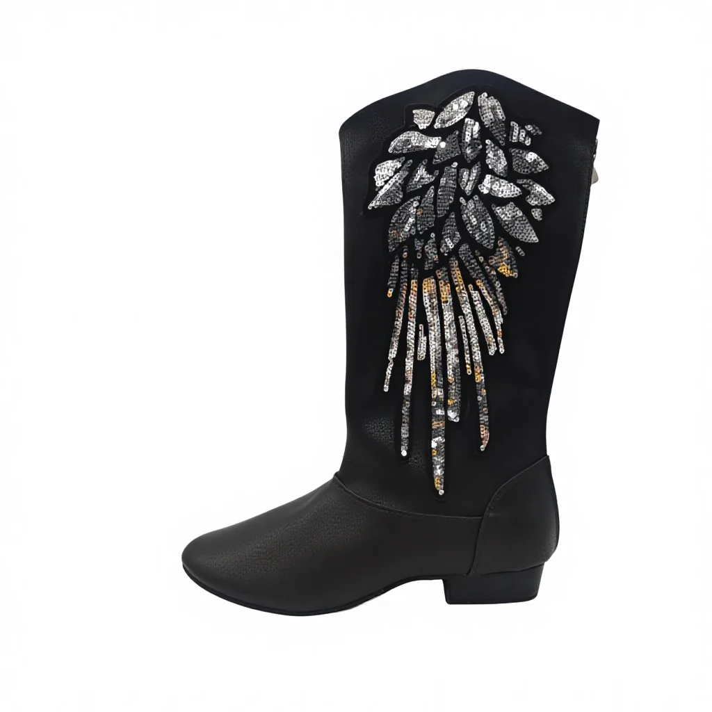 Sequin Wing Cowboy Dance Boots Women Leather Latin Salsa Ballroom Shoes Girls Low Heeled Sport Sneaker Party Dancing Boot Shoes