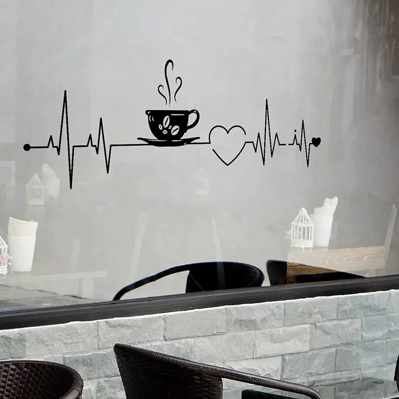 1pc Coffee Love Electrocardiogram Wall Sticker - Removable Waterproof Vinyl Self-adhesive - Kitchen Living Room Coffee Shop Wall