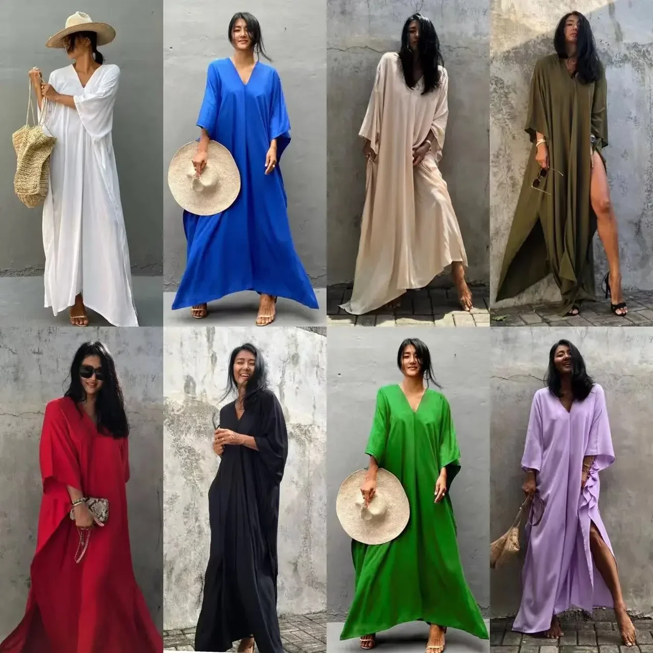 Boho Costumi da bagno sexy Cover Up Abito lungo Rayon Tinta unita Abbigliamento da spiaggia Tunica Caftani Kimono Abbigliamento donna Costume da bagno estivo