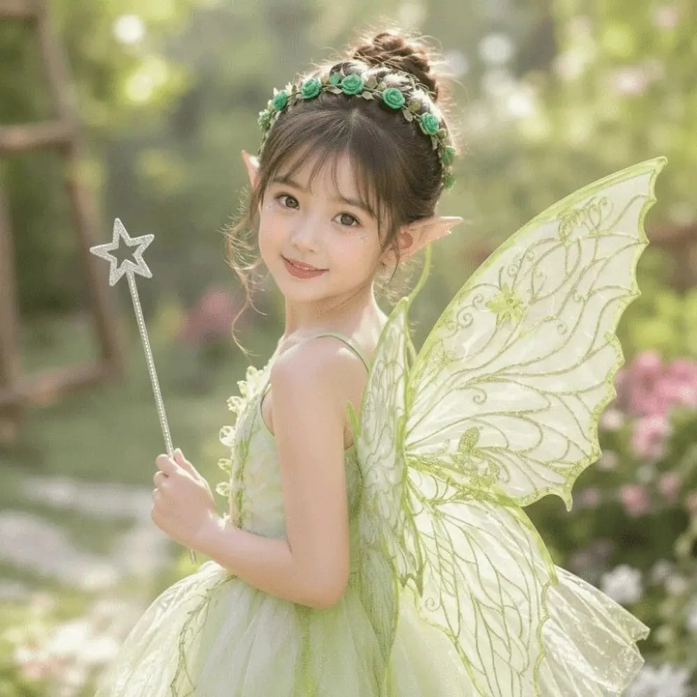 Dress-Up Foldable Wings Wreath Elf Ear Set Wand Flower Crown Butterfly Wings Set Fairy Wings Sparkling Fairy Cosplay Set Girls