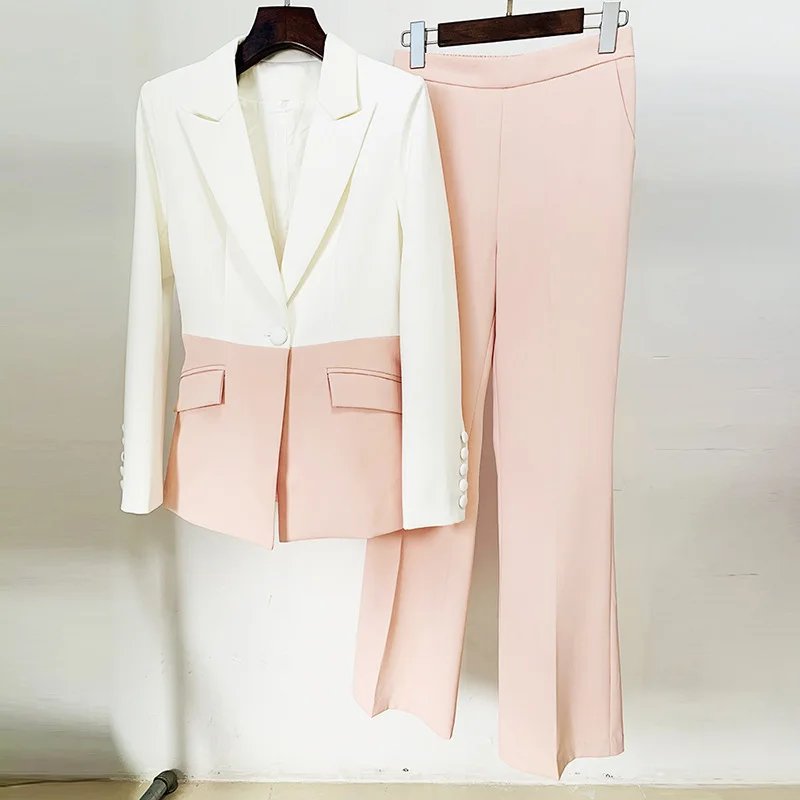 Fall Design Women Street Wear Fashion Tailored Suits Contrast Color Office Lady Quality 2 Pieces Pants Sets