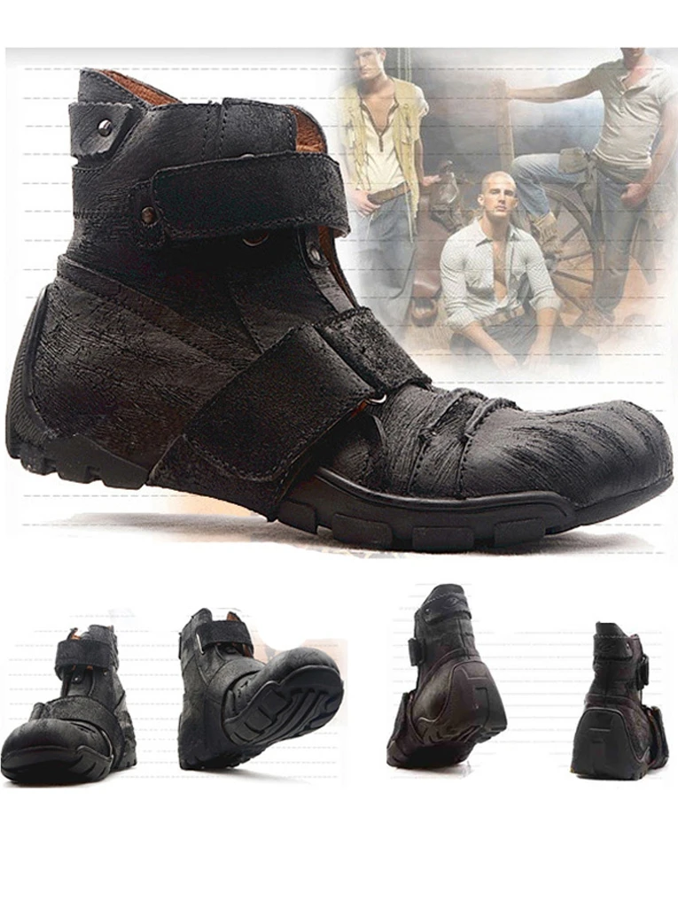 

Punk Sle ort Boots Men's Leather round Toe Retro Boots Desert Motorcycle Boots Casual Faion Booties for Men