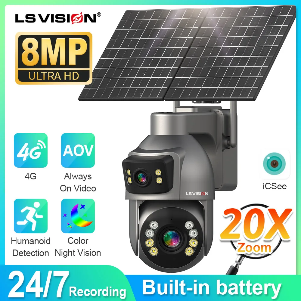

LS VISION 8MP 4G Солнечная камера Беспроводная уличная камера 4K Двойной экран 20-кратный зум-камера AOV 24-часовая запись Автоматическое отслеживание человека