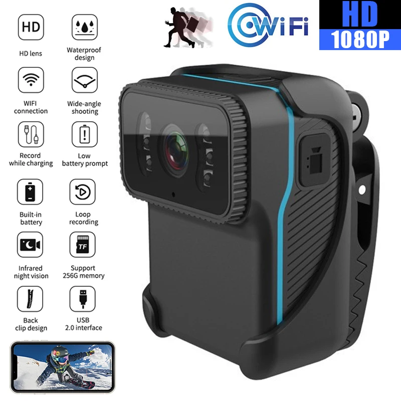 CS02 1080P HD المحمولة الجسم عمل كاميرا واي فاي كاميرا فيديو DV حلقة تسجيل دعم TF بطاقة للرؤية الليلية كاميرا MP4 فيديو
