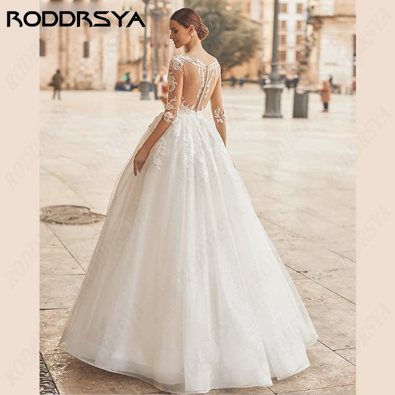 RODDRAYA Scoop-Neck Wedding Dress Illusion Back Bridal Gown A-line Tulle Bride Party 3/4 Sleeve Lace Applique Vestido De Noiva