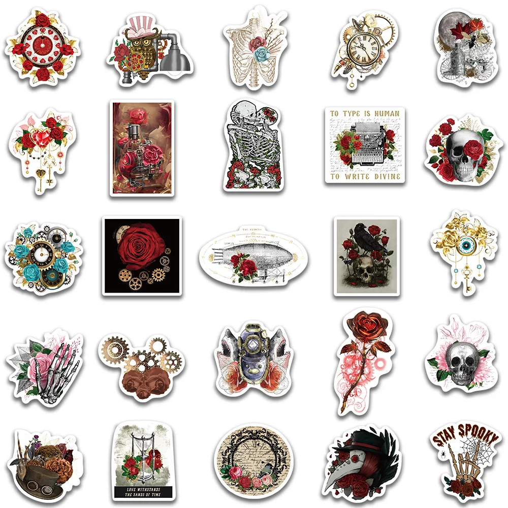 50Pcs/pack Vintage Steampunk Red Rose Stickers Retro Dark Gothic DIY Decals Aesthetic Car Suitcase Scrapbooking Laptop Stickers