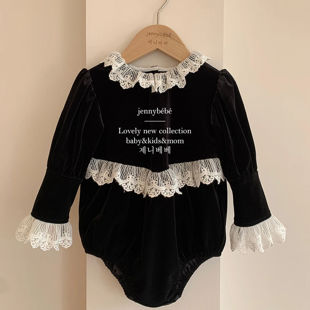 French Style Little Girls Black Velvet Lace Romper Puff Sleeve Infant Christmas Jumpsuit Winter Autumn Baby New Year Clothes