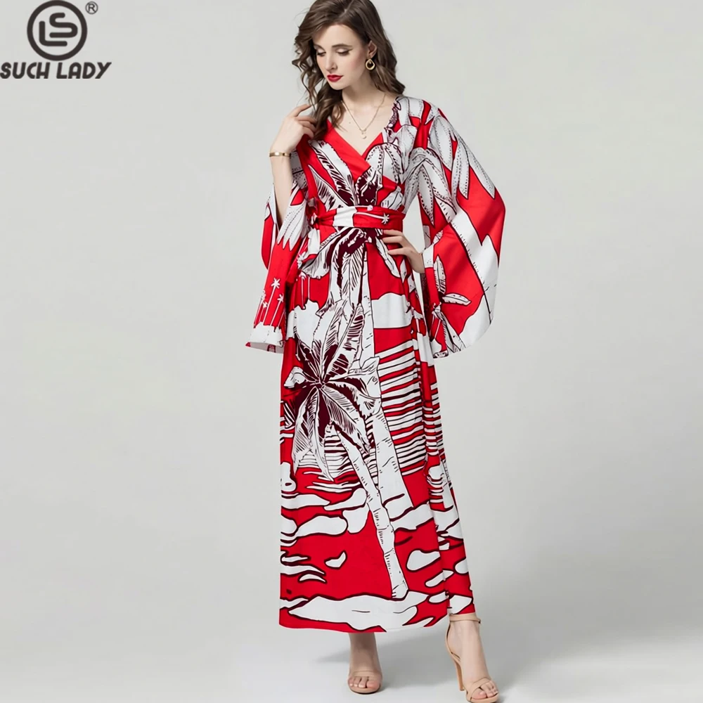 

Women's Red White Tropical Palm Print Kaftan Maxi Dress - V Neck Long Sleeve Flowy Loose Fit Summer Beach Coverup Vestidos