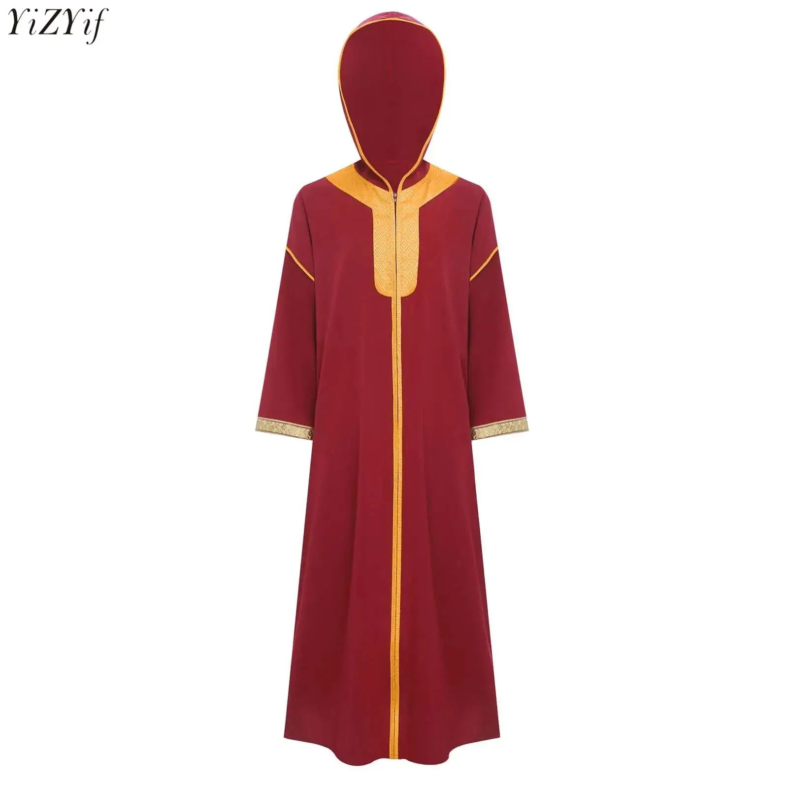 

Kids Girls Hooded Muslim Robe Long Sleeves Front Zip Slit Gold Embroidery Arab Gown Islamic Festival Religious Halloween Cosplay