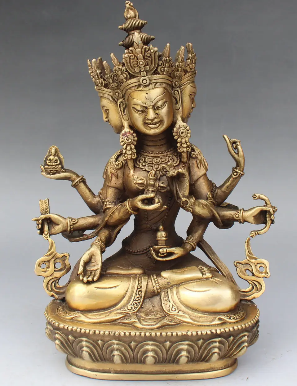 

9 "Buddha Tibet Perunggu 3 Kepala 8 Lengan Patung Buddha Namgyalma & Ushnishavijaya