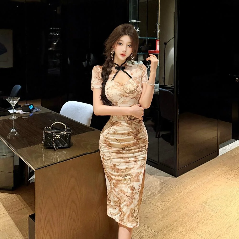 

Retro Chinese Sle Gold Emed Slimming Sexy Bodycon Qipao Dr High Slit Floral Print Midi Length Straight Collar ort ...