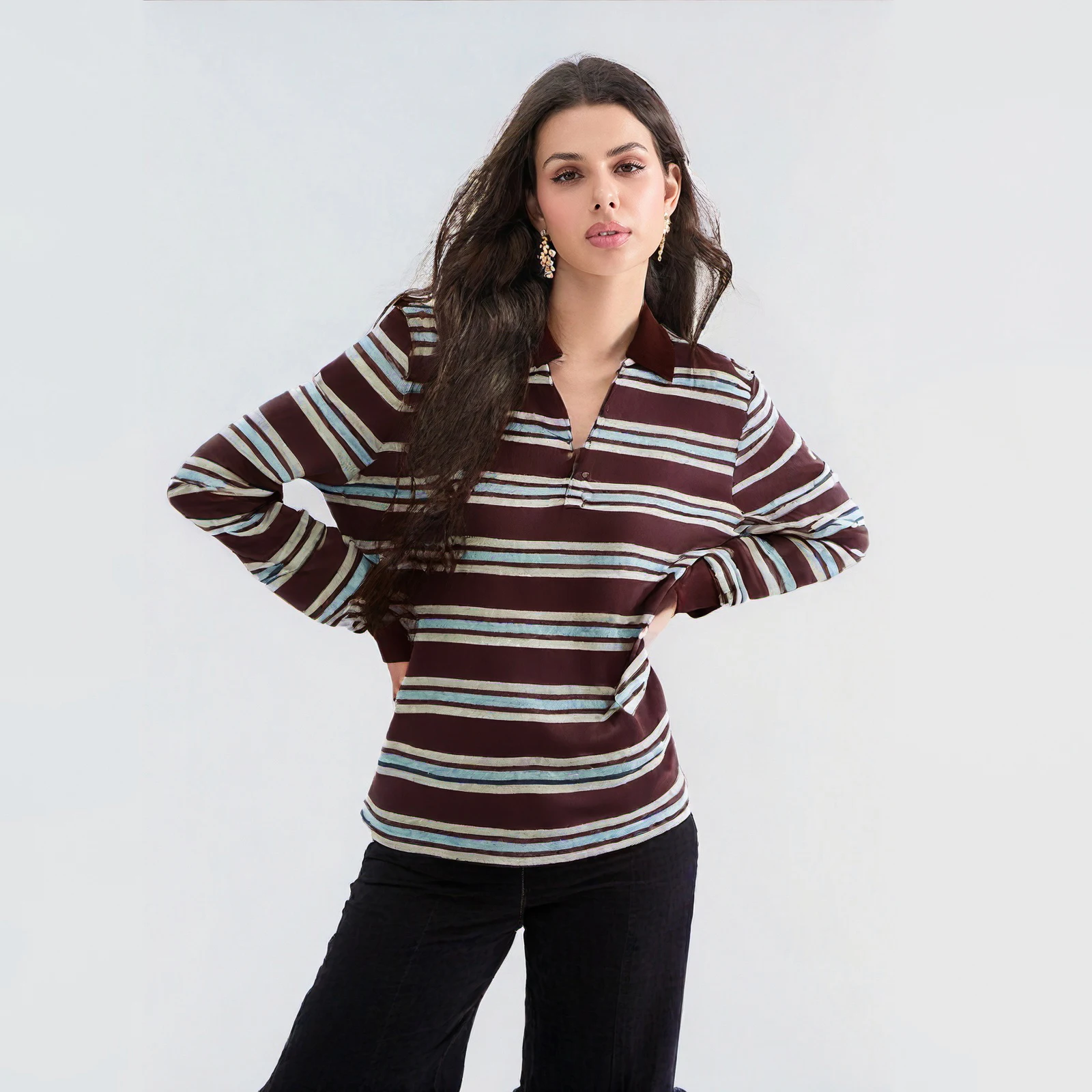 เสื้อยืดแขนยาวทรงหลวมสไตล์วินเทจย้อนยุค ลายทาง ปกพับ ไหล่ตก สำหรับผู้หญิง ฤดูใบไม้ผลิ ฤดูใบไม้ร่วง สวมใส่สบายๆ