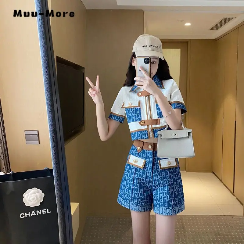 2024 Summer Fashion Casual Office Lady Two-piece Set Women Turn Down Collar Top + Print Shorts ELegant Shorts Set Outfits