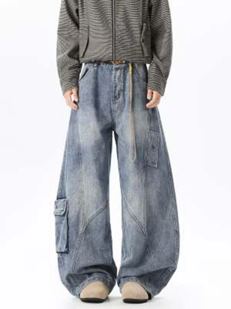 

Retro Multi Pocket Curved Knife Jeans Spring And Autumn Vintage Wide Leg Workwear Pants Korean Version High Street Men's Jeans