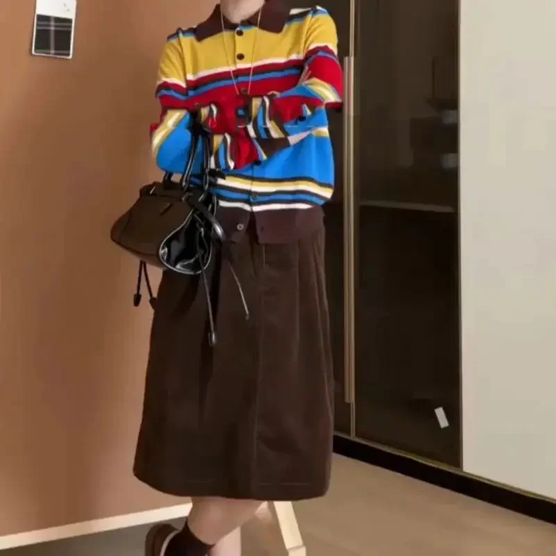 New Fashion Corduroy Skirt Women Spring Autumn Elastic Waist Pleated Casual Loose Skirts Pocket Short Skirts Solid Color Jupe