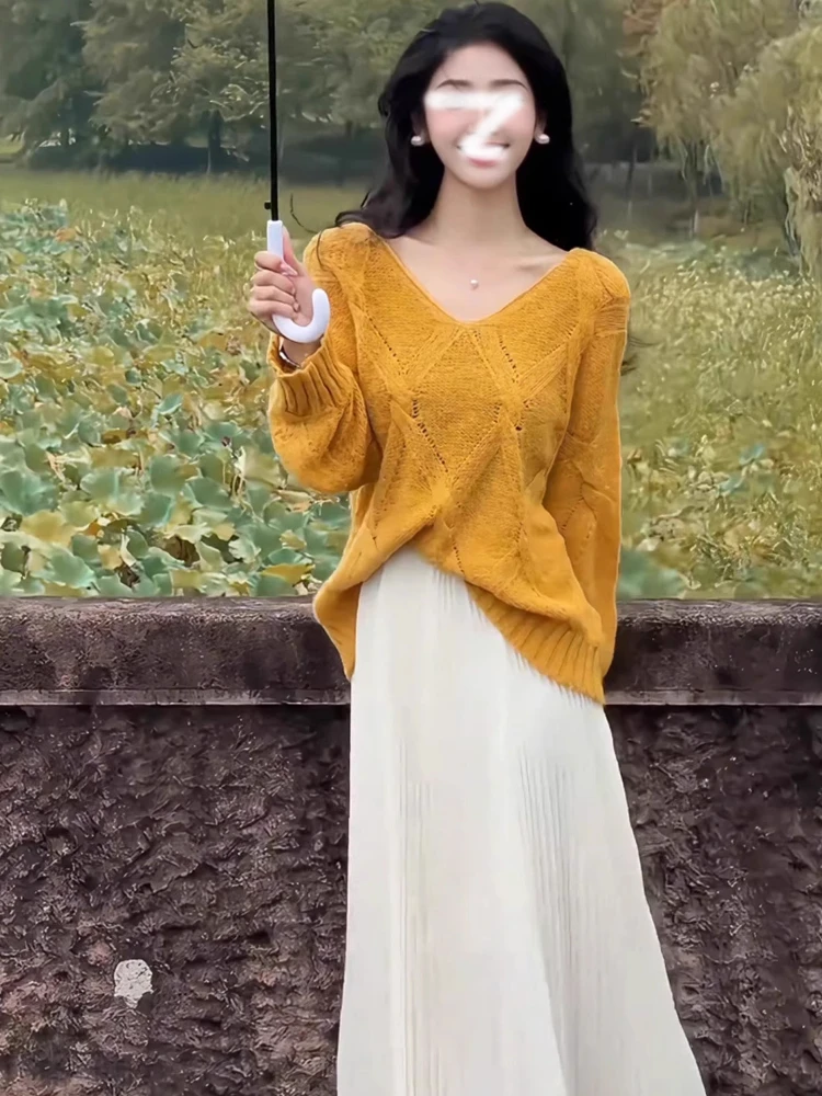 

Оранжевый свитер с V-образным вырезом и ажурным узором, женский свободный вязаный топ, супербелый, осенне-зимний, мягкий, приятный на ощупь, с длинными рукавами