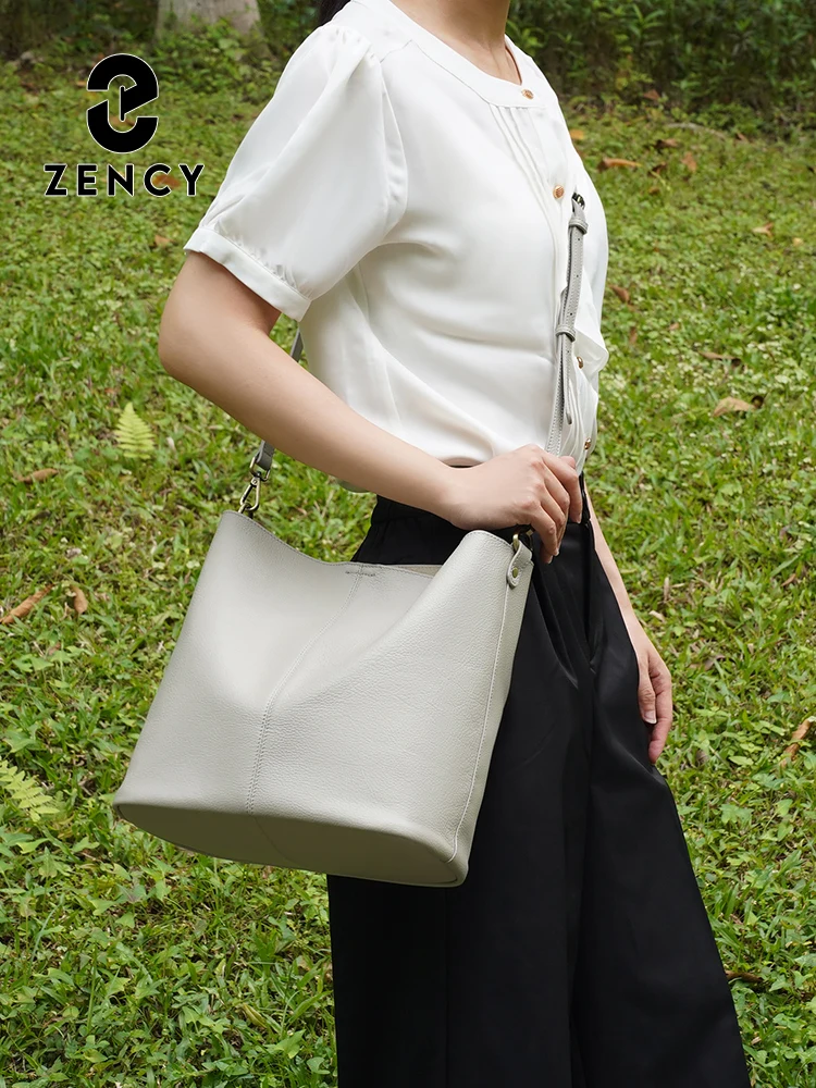 Zency Genuine Leather Women Designer Handbag Bucket Ladies Hobo Shoulder Bag Crossbody for Work Shopping Medium Composite Bags