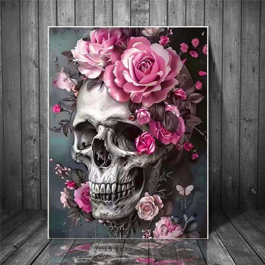 

DIY diamond Painting Set Rose and Skull Pattern diamond embroidery kit Black white and pink style Suitable for adults home decor