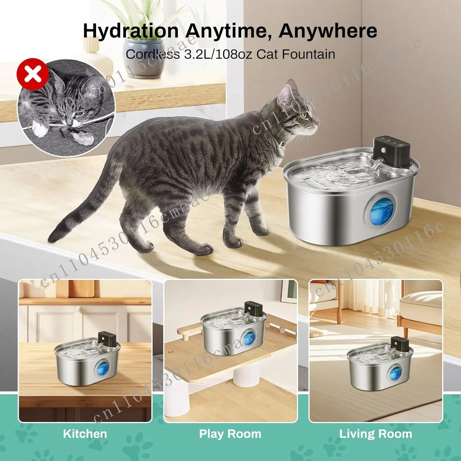 3.2L Wireless Cat Water Fountain 5000mAh Auto Sensor No Pump Stainless Steel Cat Dog Water Fountain Multiple Pet Drinking Bowls