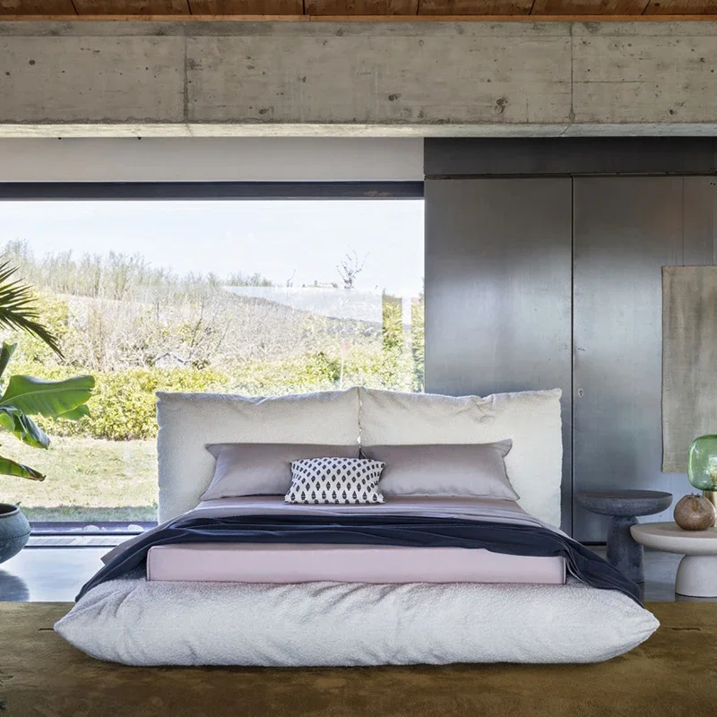 Lazy Minimalist White Bed Quality Lambswool Modern Create Twin Light Luxury Bed Frame Ltalian Style Home Muebles Beds Furniture