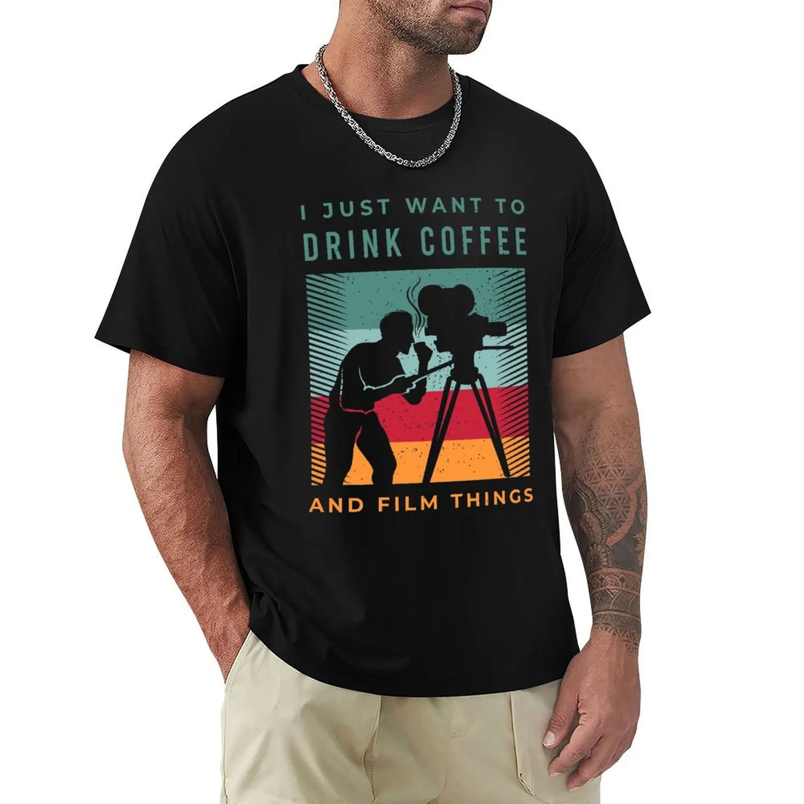 Filmmaker Costume for a Coffee Loving Film Editor T-Shirt Durable Work Wear T-Shirt