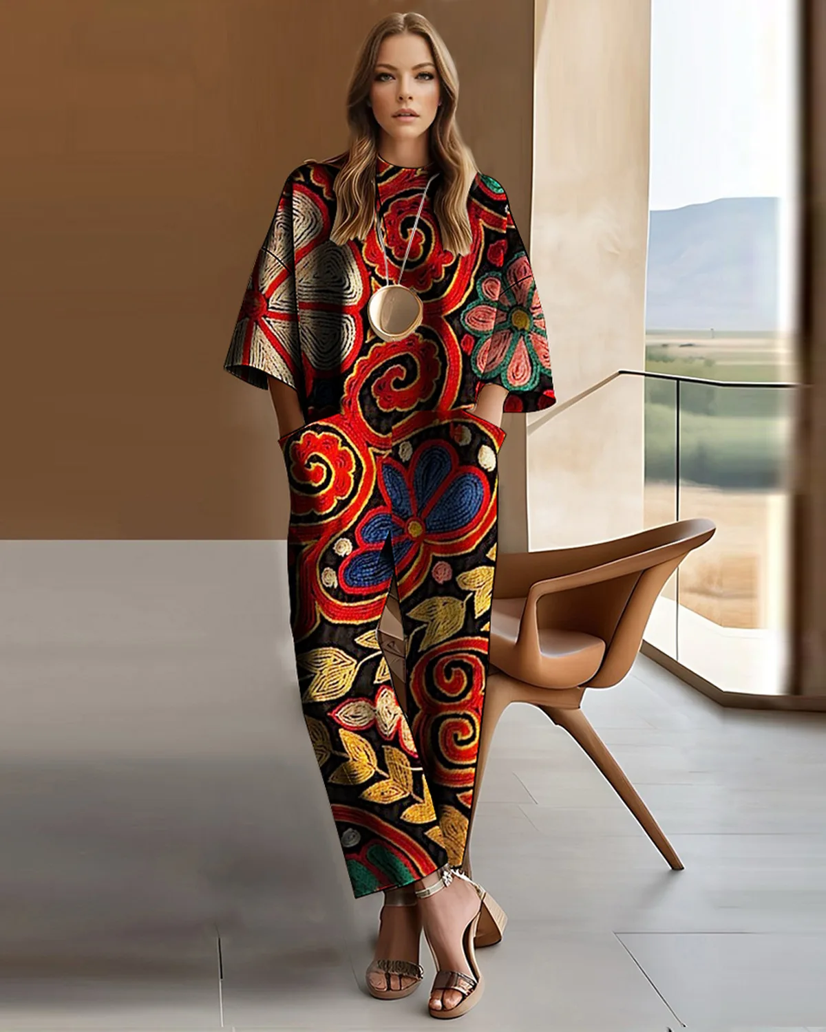 Elegante pantalone a gamba larga tuta mezza manica girocollo modello retrò tasche stampate pagliaccetti larghi abiti larghi casual chic