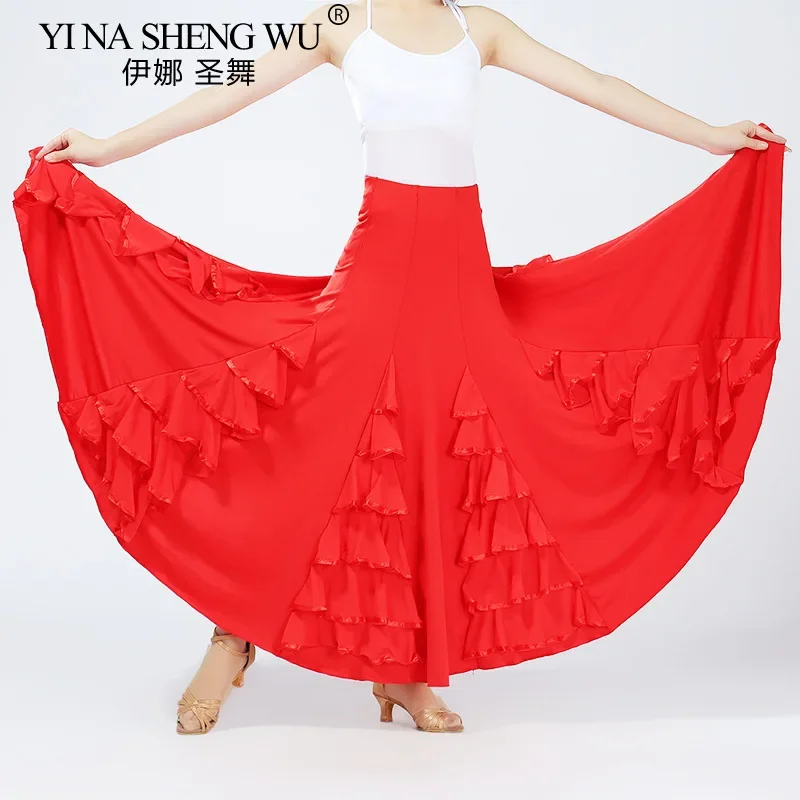 Nowa damska spódnica do tańca nowoczesnego, długa spódnica z falbanami na bankiet, sukienka do flamenco, hiszpańska sukienka do flamenco, spódnica do walca z szerokim zamachem.