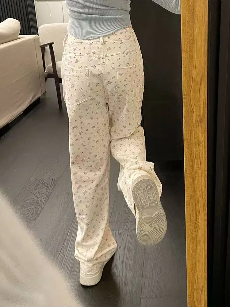 Gedruckt Floral Denim Hose Frauen Jeans Vintage Gerade Hosen Herbst Frühling Mode Weibliche Beiläufige Breite Bein Hosen