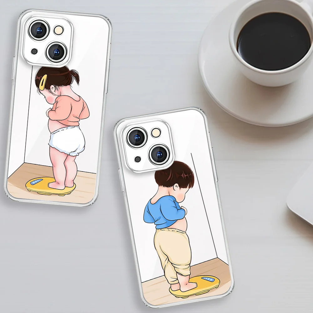 Fun self-discipline weighing couple For iphone 13 12 11 14 15 Pro Max XR X 16 Plus Transparent Soft Case Cover