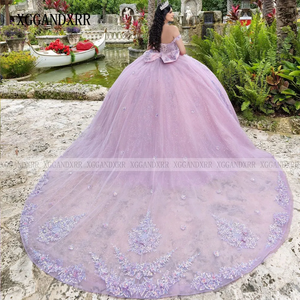 Personalizado rosa quinceanera vestido 2025 brilhante mexicano vestidos de 15 anos renda applique arco vestido de baile princesa doce 16 vestido