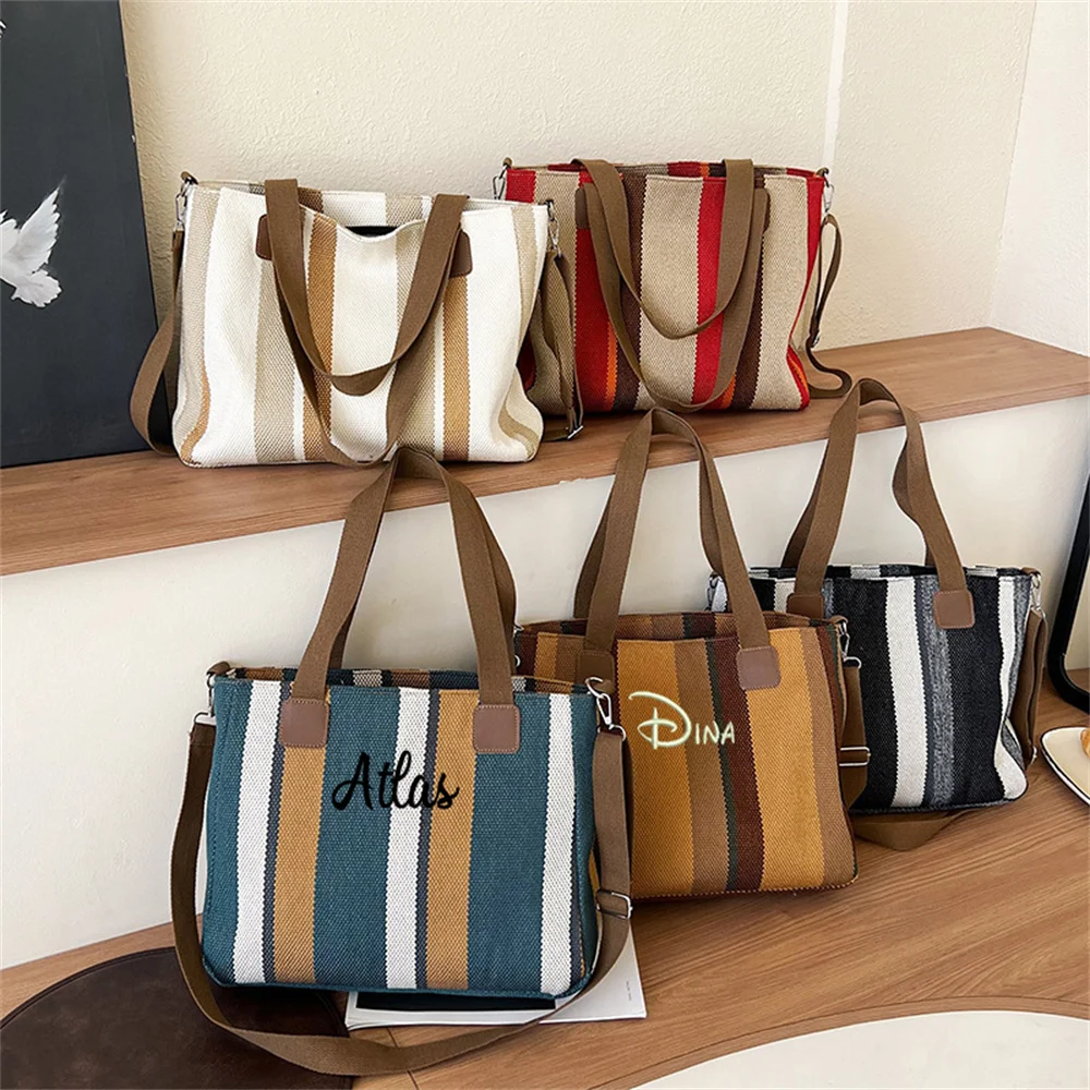 Women Stripe Shoulder Crossbody Bag Large Canvas Messenger Bags for Student Embroidery Custom Book Bags Female Handbags Satchels