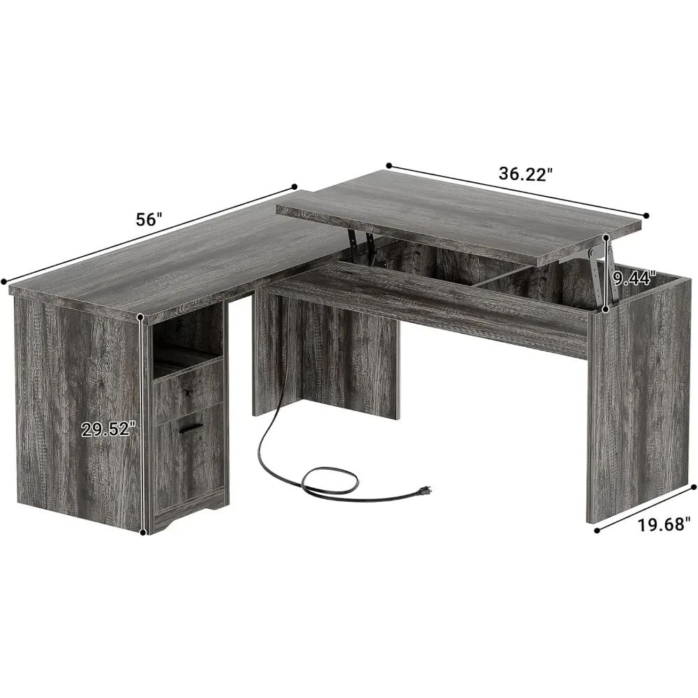 Bureau d'ordinateur en forme de L avec tiroir, bureau relevable avec prises de courant et ports de chargement USB