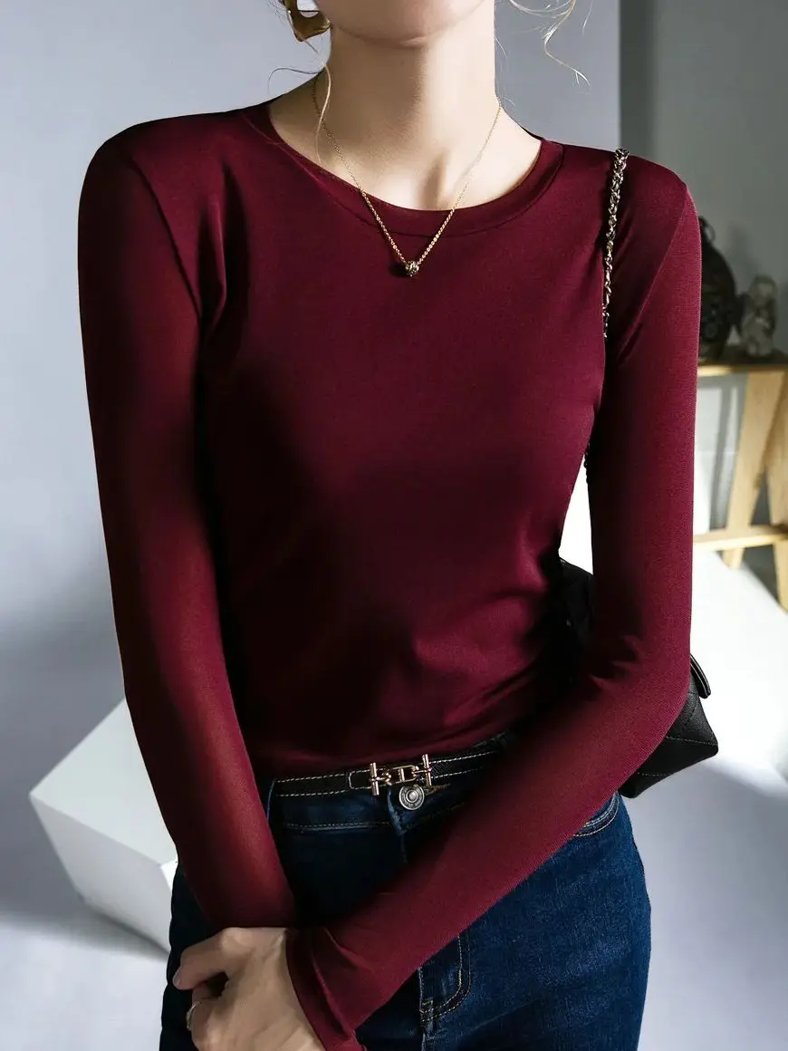 Spring Autumn High Strech Mesh T-Shirt Female Long Sleeve Round Collar Slim Tees Women Basic Simple T Shirts Tops