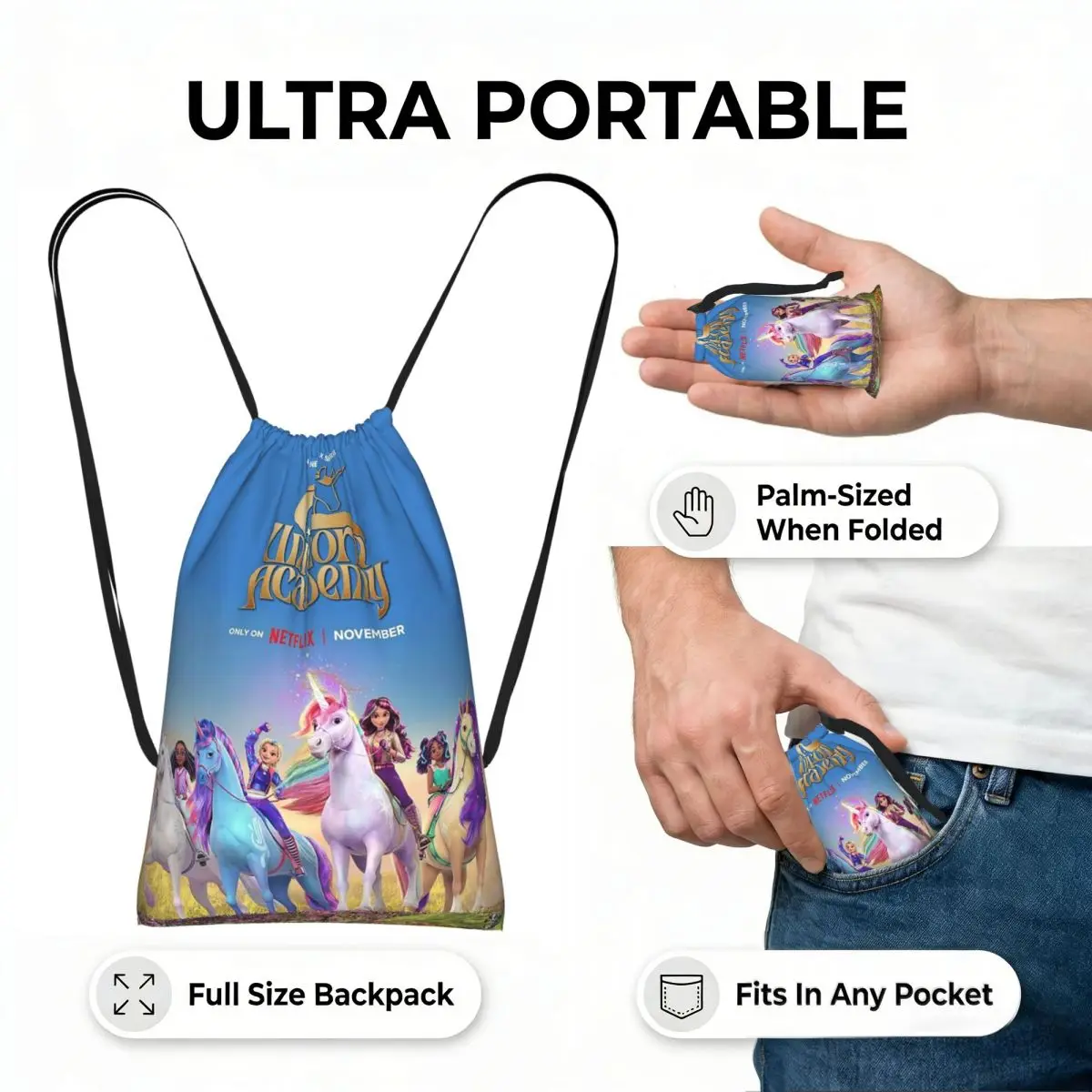 Unicorn Academy Drawstring Backpack Sports Gym Bag Portable Travel Drawstring Bag for Men Women