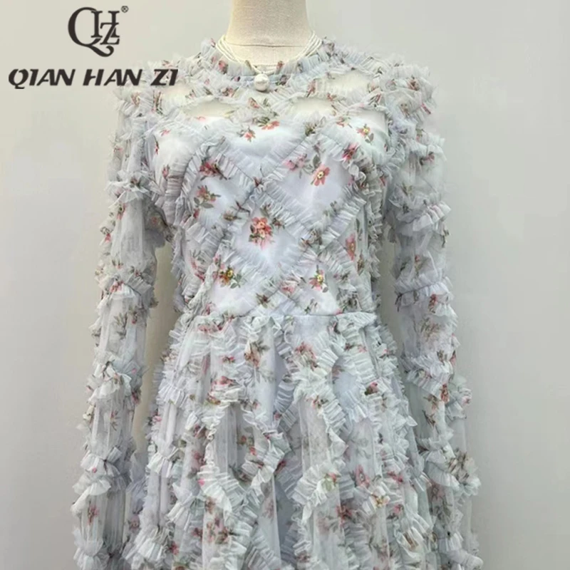 QHZ-Robe longue en dentelle à volants pour femmes, robe maxi vintage, manches longues, points de haute qualité, imprimé en maille, luxe élégant, mode de créateur