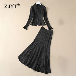 ZJYT Autumn Winter Knitted Suit Sweater and Long Mermaid Skirt Set 2 Pieces Womens Outfit Elegant Luxury Black Party Dress Sets